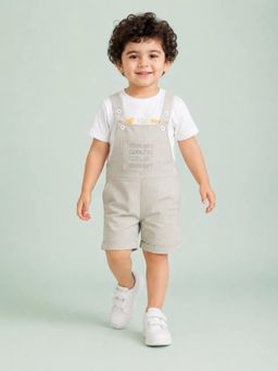 Bloom Up - Beige Checked Dungaree and Graphic T-Shirt Set for Boys