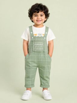 Bloom Up - Sage Green Checked Dungaree and Graphic T-Shirt Set for Boys