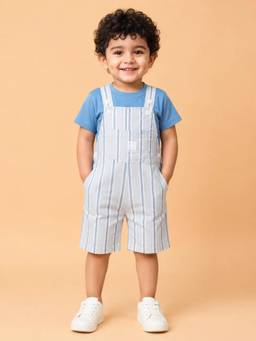 Bloom Up - Blue Striped Dungaree and Sky Blue T-Shirt Set for Boys