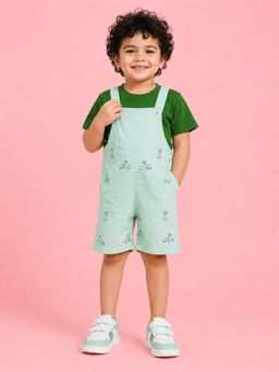 Bloom Up - Mint Green Embroidered Dungaree and Dark Green T-Shirt Set for Boys