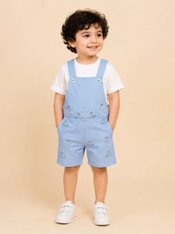 Bloom Up - Sky Blue Embroidered Dungaree and White T-Shirt Set for Boys