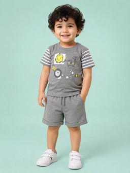 Bloom Up - Grey Safari Friends Printed T-Shirt and Shorts for Boys