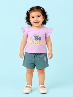 Bloom Up - Purple Soft Cotton Printed T-Shirt and Shorts for Girls