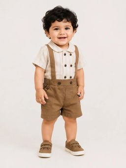Bloom Up - Brown Suspender Shorts and Textured Shirt Set for Boys