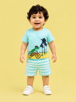 Bloom Up - Sky Blue Dinosaur Graphic T-Shirt and Striped Shorts Co-ord Set for Boys