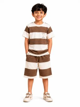 Bloom Up - Brown and Off-White Striped Co-Ord Set for Boys