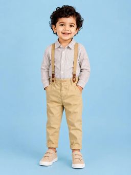Bloom Up - Brown Striped Shirt with Beige Suspender Pants Set for Baby Boys