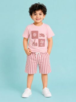 Bloom Up - Pink Safari Graphic T-Shirt and Striped Shorts Co-ord Set for Boys