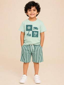 Bloom Up - Mint Green Safari Graphic T-Shirt and Striped Shorts Co-ord Set for Boys