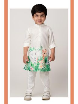 Little Collars - Blended Cotton Printed Full Sleeve Cute Kurta & Pajama - Green