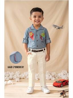 Little Collars - Full Sleeves Placement Printed Full Sleeve Shirt Pant with Belt Set- Blue