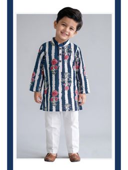 Little Collars - Pure Cotton Printed Full Sleeve Kurta & Pajama - Blue
