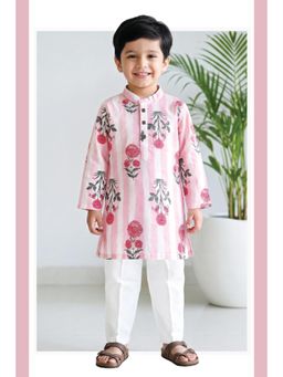 Little Collars - Pure CottonPrinted Full Sleeve Kurta & Pajama - Pink