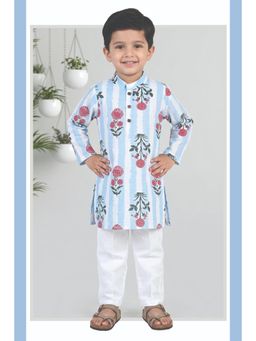 Little Collars - Pure Cotton Floral Printed Full Sleeve Kurta & Pajama - Sky