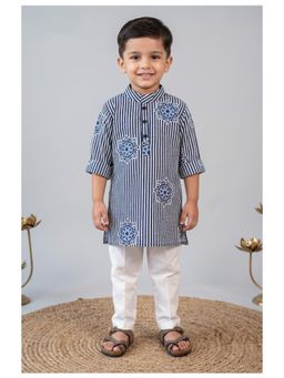 Little Collars - Pure Cotton Jaipuri Printed Full Sleeve Kurta & Pajama - Blue