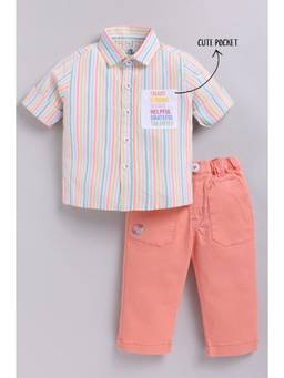 Little Collars - Peach Full Sleeves Cute Full Sleeve Striped Shirt & Pant