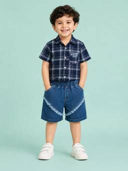 Bloom Up - Navy Checked Shirt and Denim Shorts Co-ord Set for Boys