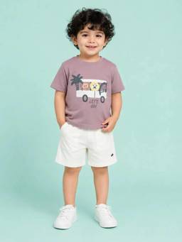 Bloom Up - Mauve Safari Graphic T-Shirt and White Shorts Co-ord Set for Boys
