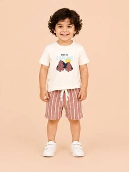 Bloom Up - Cream Bear Graphic T-Shirt and Pink Striped Shorts Co-ord Set for Boys