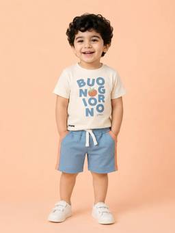Bloom Up - Cream Graphic T-Shirt and Color Block Shorts Co-ord Set for Boys