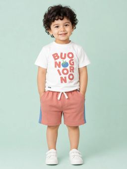 Bloom Up - White Buongiorno Graphic T-Shirt and Coral Shorts Co-ord Set for Boys