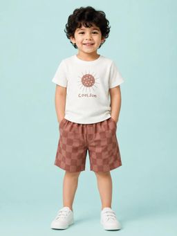 Bloom Up - White Cool Sun Graphic T-Shirt and Brown Checkered Shorts Co-ord Set for Boys