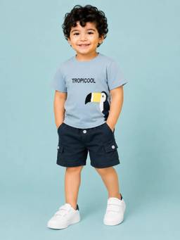 Bloom Up - Sky Blue Toucan Graphic T-Shirt and Navy Cargo Shorts Co-ord Set for Boys