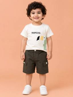 Bloom Up - White Toucan Graphic T-Shirt and Olive Green Cargo Shorts Co-ord Set for Boys