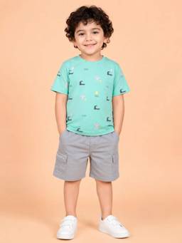 Bloom Up - Ocean Print T-Shirt and Grey Cargo Shorts Co-ord Set for Boys