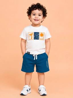 Bloom Up - Beach Graphic T-Shirt and Blue Shorts Co-ord Set for Boys