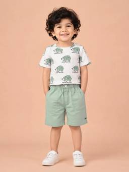 Bloom Up - White Hedgehog Print T-Shirt and Sage Green Shorts Co-ord Set for Boys