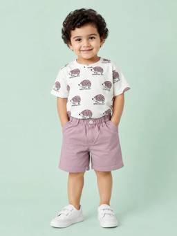 Bloom Up - White Hedgehog Print T-Shirt and Dusty Pink Shorts Co-ord Set for Boys