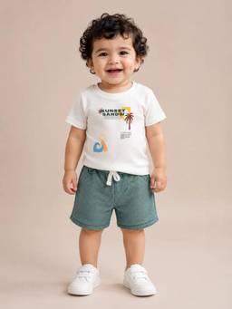Bloom Up - White Graphic T-Shirt and Shorts for Boys