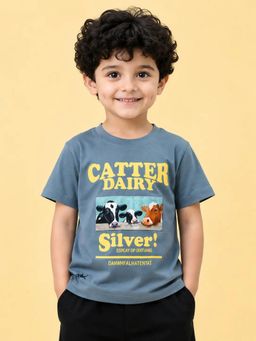 Bloom Up - Steel Blue Cattle Dairy Graphic Half Sleeve T-Shirt for Boys