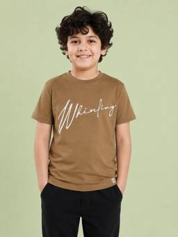 Bloom Up - Camel Brown Typography Graphic Cotton T-Shirt for Boys