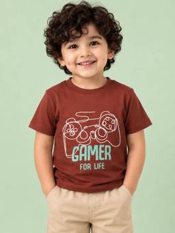 Bloom Up - Rust Brown Gamer Graphic Cotton T-Shirt for Boys