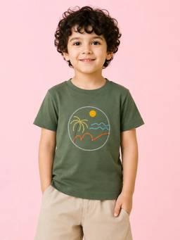 Bloom Up - Olive Green Beach Embroidered T-Shirt for Boys