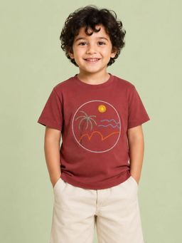 Bloom Up - Rust Red Desert Landscape Embroidered Cotton T-Shirt for Boys