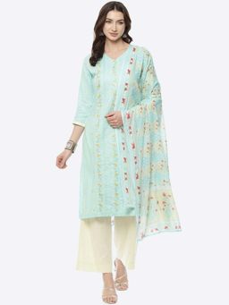 Biba - Blue Cotton Unstitched Suit Set (Set of 3)