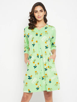 Clovia - Cactus Print Button Down Short Night Dress In Seafoam Green - 100 Percent Cotton