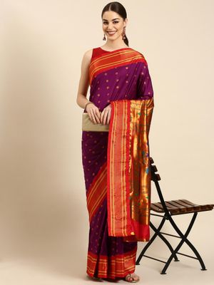 Purple Printed Silk Blend Saree With Unstitched Blouse Piece