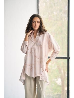 CINCIN Fashion Pastel Pink Horse Printed Poplin High Low Top styled with OOMPH Green Meenakari Floral Design Large Jhumka Earrings