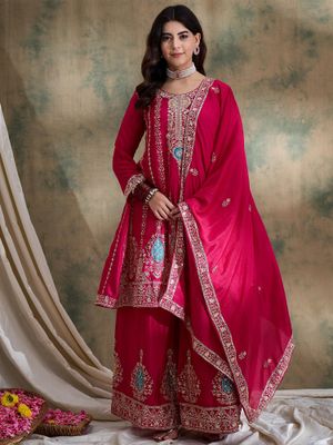 Babyhug Woven Three Fourth Sleeves Top & Palazzo Set with Floral Embroidered Jacket and Lace Detailing - Pink main image 1