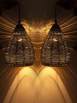 ExclusiveLane - Blazing Rope Handwoven Conical Hanging Pendant Lamp In Band Rope & Iron (Set of 2)