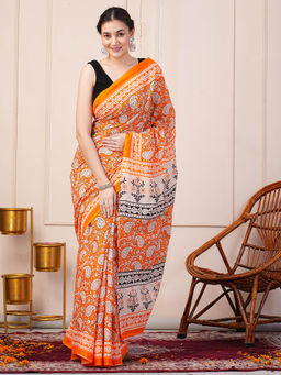 MANN MANI - Orange Hand Printed Cotton Saree with Unstitched Blouse