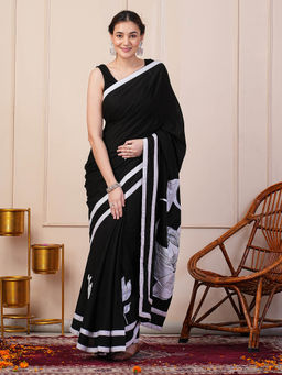 MANN MANI - Black Hand Painted Cotton Saree with Unstitched Blouse