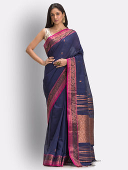 Angoshobha - Navy Blue Tangail Cotton Handloom Saree with Unstitched Blouse
