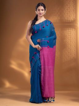 Arhi - Blue Pure Cotton Handwoven Soft Saree with Pom Pom Pallu