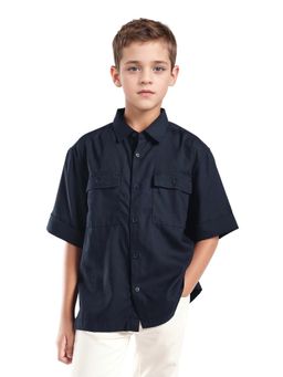RARE ONES - Kids Glin-S Navy Polyester Blend Solid Button Closure Boxy Fit Shirt