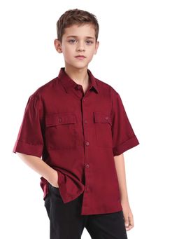RARE ONES - Kids Glin-S Red Polyester Blend Solid Button Closure Boxy Fit Shirt